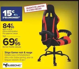Carrefour Subsonic siège gamer noir & rouge offre