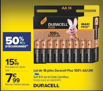 Carrefour Duracell lot de 18 piles plus 100% aa/lr6 offre