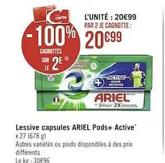 Casino Supermarchés Lessive capsules ariel pods+ active offre