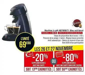 Casino Supermarchés Machine à café hd7806-71 bleu nuit foncé senseo offre