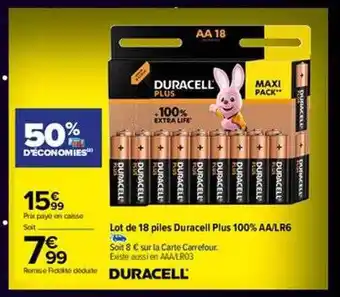 Carrefour Lot de 18 piles duracell plus 100% aa-lr6 offre