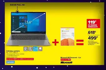 Carrefour Ordinateur portable lenovo + microsoft 365 personnel - 1 an offre