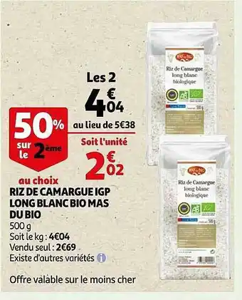 Auchan Riz de camargue igp long blanc bio mas du bio offre