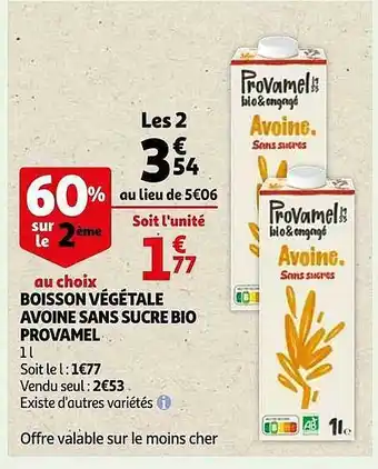 Auchan Boisson végétale avoine sans sucre bio provamel offre