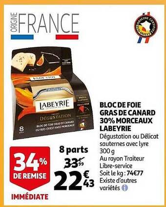 Auchan Bloc de foie gras de canard 30% morceaux labeyrie offre
