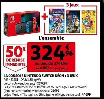 Auchan Console nintendo switch néon + 3 jeux offre