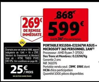 Auchan Portable r515da-ej1567w asus + microsoft personnel 1an offre
