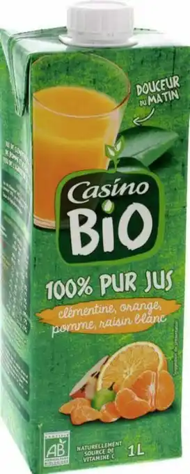 Géant Casino Bon plan sur les 100% pur jus clémentine, orange, pomme raisin blanc de la marque Casino bio offre