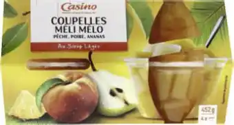 Géant Casino Bon plan sur coupelles méli mélo pêche, poire, ananas au sirop léger de la marque Casino offre