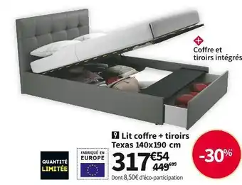 Conforama  lit coffre + tiroirs 140 cm texas offre