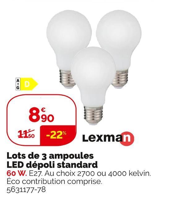 Promo Lexman lots de 3 ampoules led dépoli standard chez Weldom