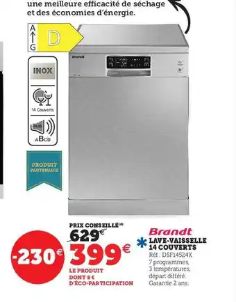 Hyper U Lave-vaisselle 14 couverts brandt offre
