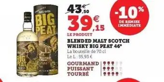 Super U Blended malt scotch whisky big peat 43° offre