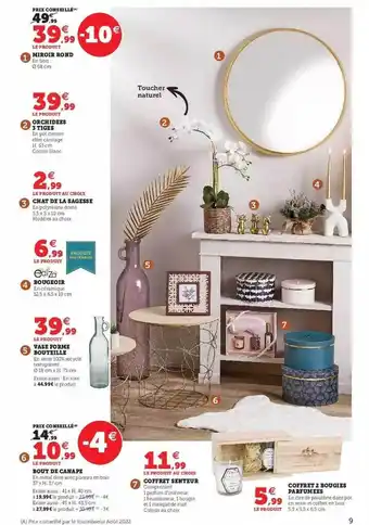 Super U Miroir rond, orchidées 3 tiges, chat de la sagesse, bougeoir, vase forme bouteille, bout de canapé, coffret senteur, coffret offre