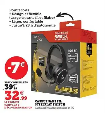 Hyper U Casque sans fil steelplay switch offre