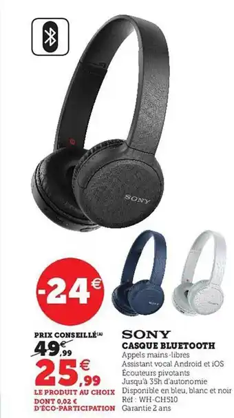 Hyper U Casque bluetooth sony offre