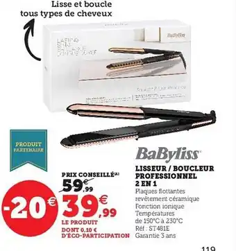 Hyper U Lisseur-boucleur professionnel 2 en 1 babyliss offre