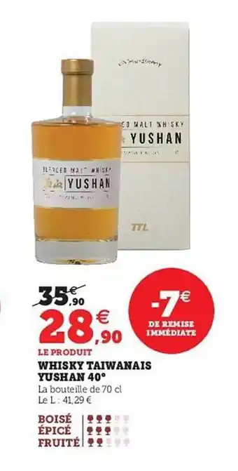 Hyper U Whisky taiwanais yushan 40° offre