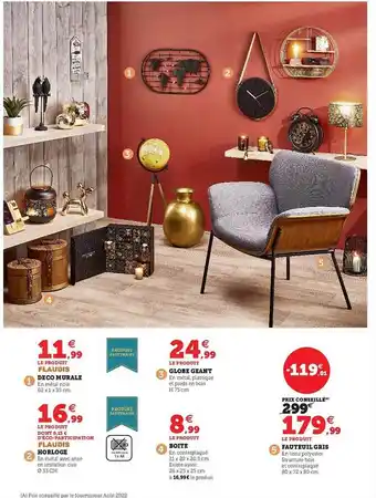 Hyper U Déco murale flaudis, horloge flaudis, globe géant, boîte, fauteuil gris offre