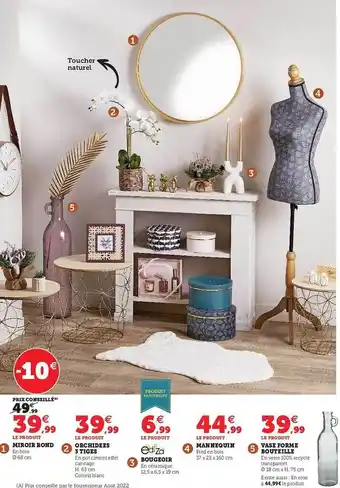 Hyper U Miroir rond, orchidées 3 tiges, bougeoir ediza, mannequin, vase forme bouteille offre