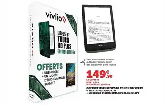 Hyper U Coffret liseuse vivlio touch hd verte + sa housse assortie + le ebook d'éric emmanuel schmitt offre