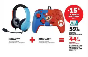 Hyper U Casque filaire lvl40 pdp + manette filaire switch mario offre