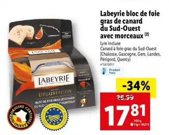Lidl Labeyrie Bloc de Foie Gras de Canard du Sud-Ouest avec Morceaux offre