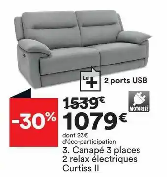 BUT Canapé 3 places 2 relax électriques curtiss ii offre
