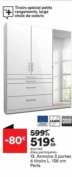 BUT Armoire 3 portes 4 tiroirs l. 136 cm perla offre