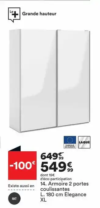 BUT Armoire 2 portes coulissantes l. 180 cm élégance xl offre