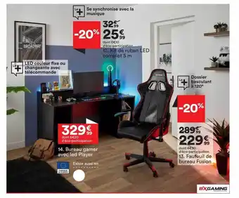 BUT Bureau gamer avec led player, le kit de ruban led complet 5 m , fauteuil de bureau fusion offre