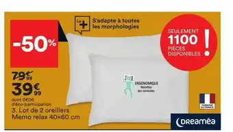 BUT Lot de 2 oreillers memo relax 40 x 60 cm dreaméa offre