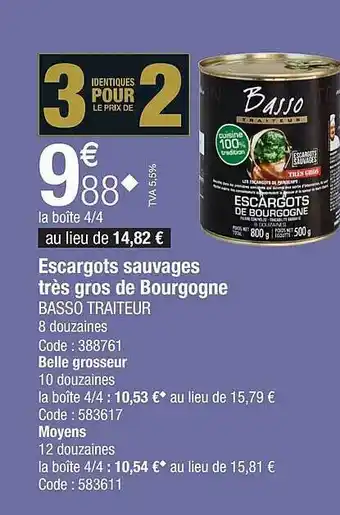 Promocash Escargots sauvages très gros de bourgogne basso traiteur offre