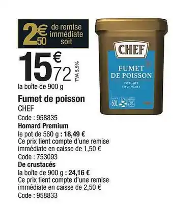 Promocash Fumet de poisson chef, homard premium, de crustacés offre