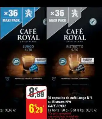 G20 36 Capsules de Cafe Lungo N°4 Ou Ristretto N°9 Cafe Royal offre