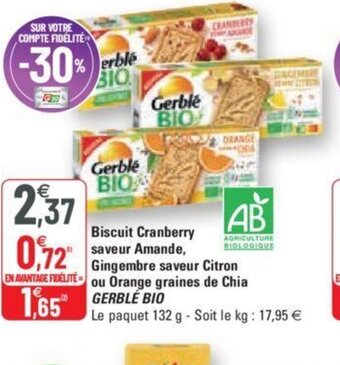 G20 Biscuit Cranberry Saveur Amande Gingembre Saveur Citron Ou Orange Graines de Chia Gerble Bio offre