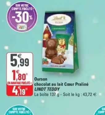 G20 Ourson Chocolat Au Lait Coeur Praline Lindt Teddy offre