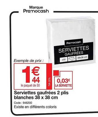 Promocash Serviettes gaufrées 2 plis blanches 38 x 38 cm offre