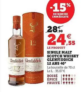 U Express Single malt scotch whisky glenfiddich 12 ans 40° offre