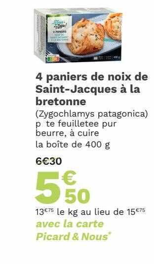 Picard 4 paniers de noix de saint-jacques à la bretonne offre