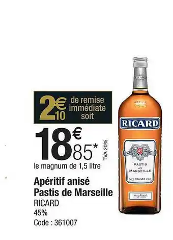Promocash Apéritif anisé pastis de marseille ricard offre