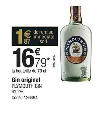 Promocash Gin original plymouth gin 41,2% offre