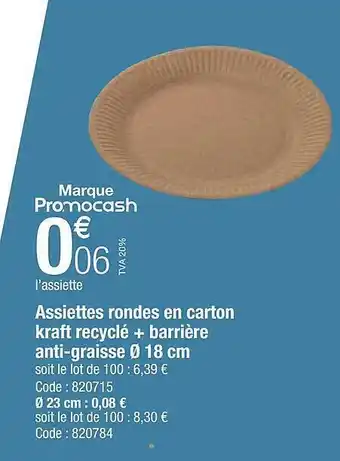 Promocash Assiettes rondes en carton kraft recyclé + barrière anti-graisse ø 18 cm offre