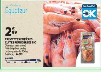 Auchan Crevettes entières cuites réfrigérées bio offre