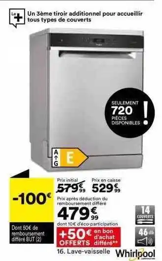 BUT Lave-vaisselle whirlpool offre