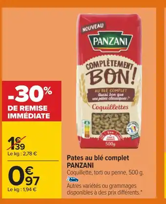 Carrefour Panzani pates au blé complet offre