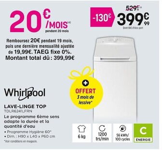 Pulsat Whirlpool lave-linge top offre