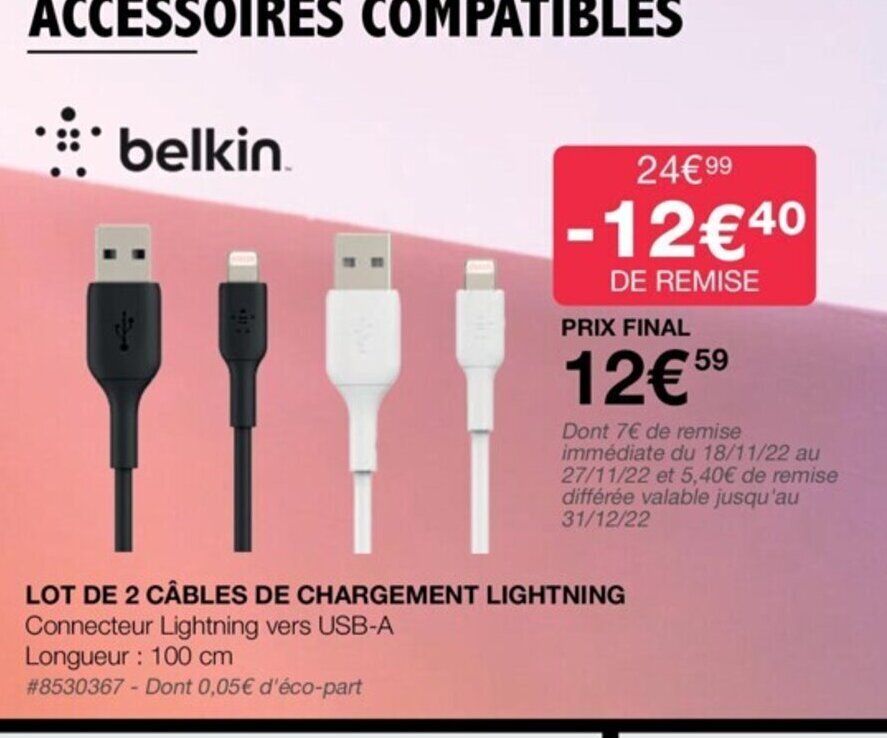 Promo Lot de 2 Cables de Chargement Lightning chez Costco