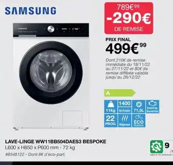 Costco Samsung Lave-Linge WW11BB504DAES3 Bespoke offre