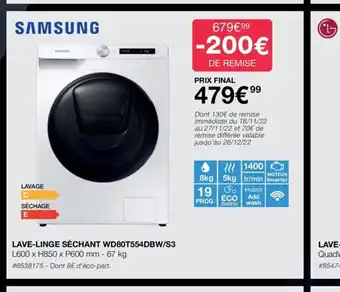 Costco Samsung Lave-Linge Sechant WD80T554DBW/S3 offre